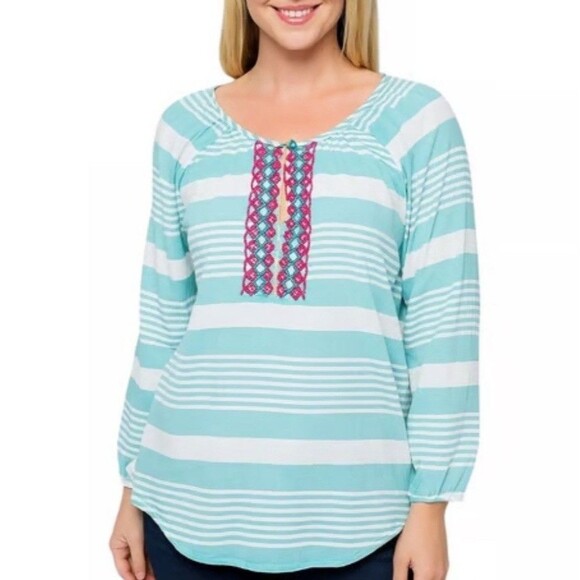 Talbots Peasant Beaded Top Womens MP Blue Stripe Long Sleeve Keyhole Lightweight - Picture 1 of 8
